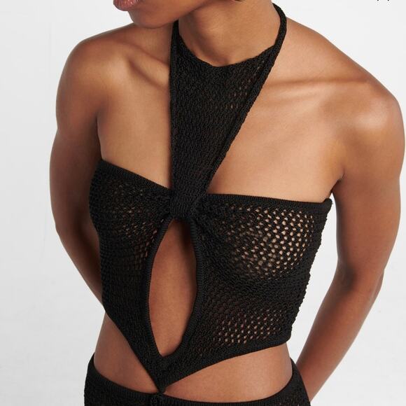 Aya Muse Boletu Open-Knit Cut-Out Halterneck Dress Black Size Large NWT - Picture 3 of 10